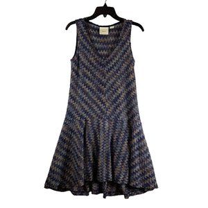 Maeve Knit Dress Women's XS Blue Chevron Plunge‎ Neck Sleeveless Peplum Hem 8169